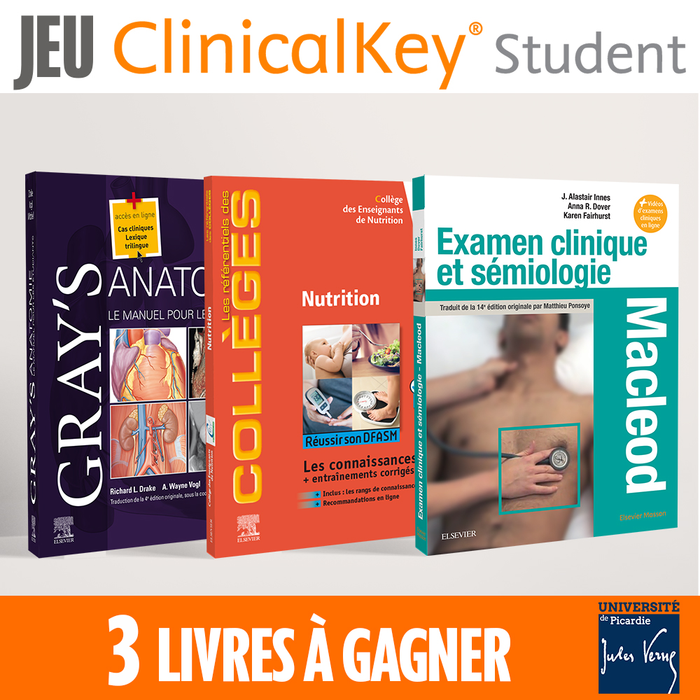 image présentant le jeu Clinical Key Student : 3 livres à gagner. Couverture de 3 livres Elsevier Masson