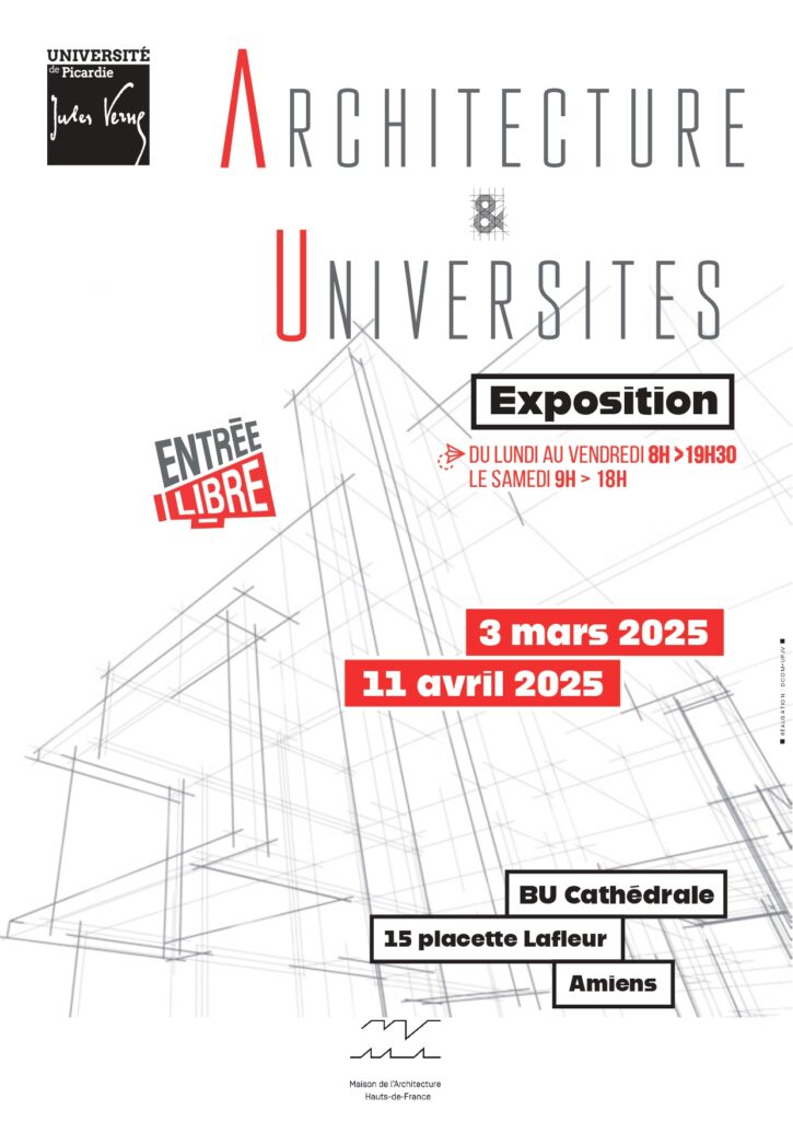 Affiche de l'exposition "Architecture et Universités", à la BU PUC du 3 mars au 11 avril 2025.